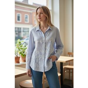 Calypso St Barth Shirt Women‎ Large Blue Cotton Floral Button Down Boho Preppy